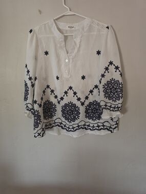 Kindred White Blouse with Navy Floral Embroidery